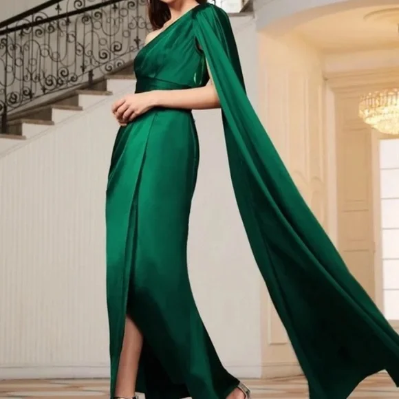 Luxe One shoulder Party  Formal Evening  Prom Satin Wedding Dress - Picture 11 of 15